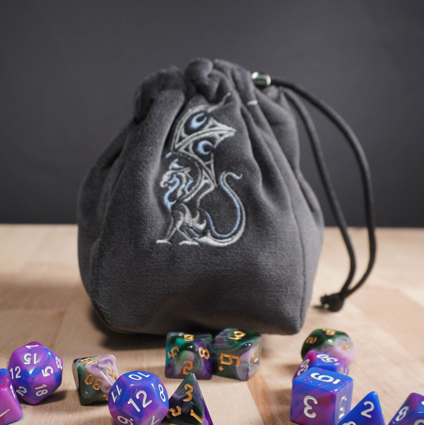 Grey and Light Blue Dragon Suede Dice Bag