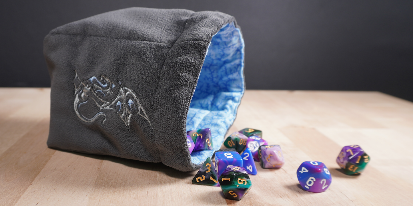 Grey and Light Blue Dragon Suede Dice Bag