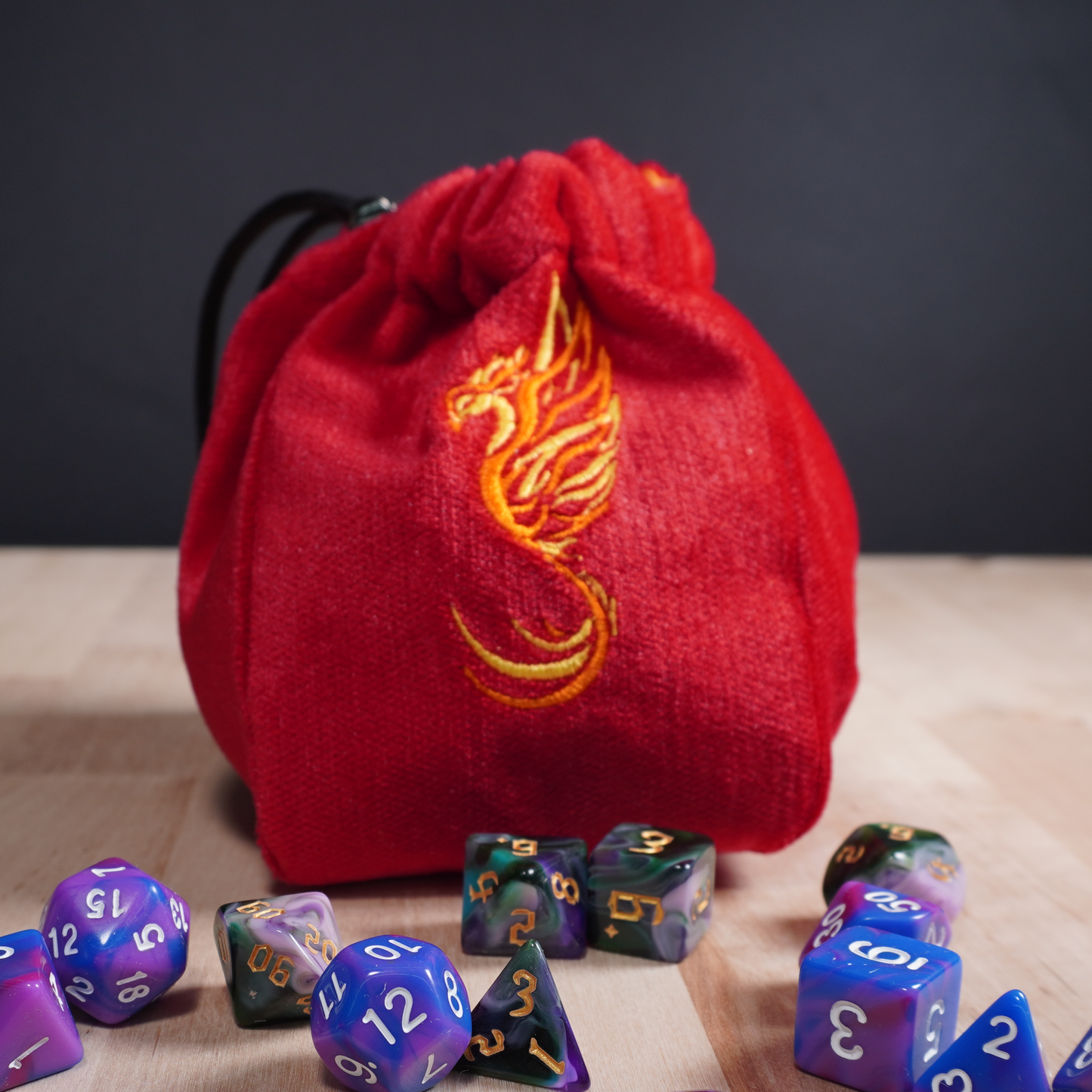 Red and Orange Phoenix Suede Dice Bag